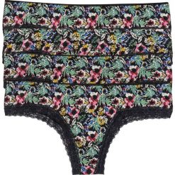 Figi brazylijskie (4 pary) bonprix czarny w kolorowe kwiaty. Czarne majtki damskie bonprix, w koronkowe wzory, z koronki. Za 39,96 zł.