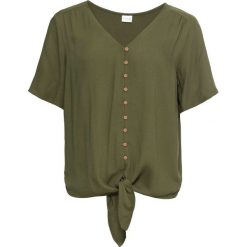 Bluzka z przewiązaniem bonprix ciemny khaki. Zielone t-shirty damskie bonprix, bez wzorów, z dekoltem w serek. Za 79,99 zł.