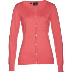 Sweter rozpinany z domieszką jedwabiu Premium bonprix koralowy. Czerwone swetry damskie bonprix, bez wzorów, bez rękawów, bez kaptura. Za 54,99 zł.