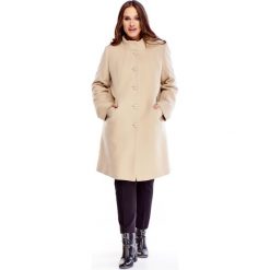 Wełniana kurtka zapinana na guziki beżowy. Brązowe kurtki damskie Tagless, plus size, bez wzorów, z poliesteru, bez kaptura. Za 280,09 zł.