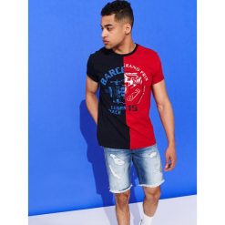 T-shirt dzielony z nadrukiem. Czerwone t-shirty męskie Top Secret, na lato, m, z nadrukiem, z bawełny, eleganckie, bez kołnierzyka, krótkie. W wyprzedaży za 14,99 zł.