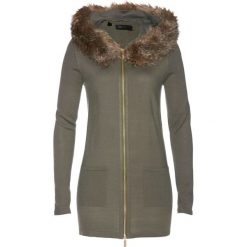 Sweter rozpinany ze sztucznym futerkiem bonprix zielono-szary. Zielone swetry damskie bonprix, bez wzorów, bez rękawów, bez kaptura. Za 59,99 zł.