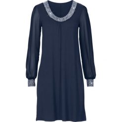 Sukienka z aplikacją ze sztrasów bonprix ciemnoniebieski. Niebieskie sukienki damskie bonprix, z aplikacjami, z szyfonu, eleganckie, z okrągłym kołnierzem, bez rękawów. Za 119,99 zł.