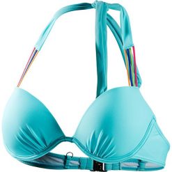 Biustonosz bikini w kolorze turkusowym. Niebieskie stroje kąpielowe dwuczęściowe damskie Najlepsze stroje na plażę, z materiału. W wyprzedaży za 82,95 zł.