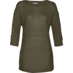 Sweter bonprix ciemnooliwkowy. Zielone swetry damskie marki bonprix, z aplikacjami, bez rękawów, bez kaptura. Za 99,99 zł.