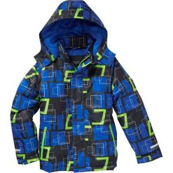 Kurtka narciarska nieprzemakalna i wiatroszczelna bonprix niebiesko-czarno-zielony neonowy. Niebieskie kurtki sportowe męskie marki bonprix, z kapturem. Za 149,99 zł.