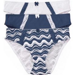 Figi (3 pary), bawełna organiczna bonprix drukowany + indygo + biały. Niebieskie majtki damskie bonprix, z aplikacjami, z bawełny. Za 53,97 zł.