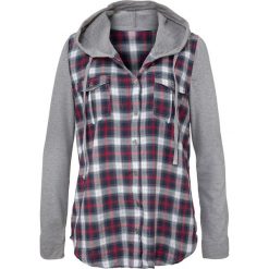 Bluzka w kratę z rękawami dzianinowymi i kapturem bonprix ciemnoniebieski w kratę. Niebieskie bluzki asymetryczne bonprix, z dżerseju, z kapturem. Za 37,99 zł.