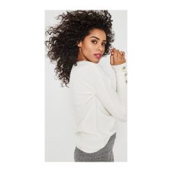 Sweter damski. Szare swetry damskie Promod, bez wzorów, z dzianiny, eleganckie, z długim rękawem, długie, bez kaptura. Za 69,50 zł.