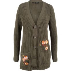 Sweter bez zapięcia z haftem bonprix ciemnooliwkowy. Zielone swetry damskie marki bonprix, z haftami, bez rękawów, bez kaptura. Za 54,99 zł.