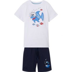 Shirt chłopięcy + krótkie spodnie (2 części) bonprix biało-ciemnoniebieski. Białe t-shirty chłopięce bonprix, z nadrukiem, z krótkim rękawem. Za 37,99 zł.
