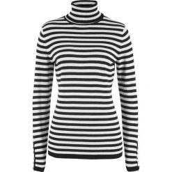 Sweter z golfem i ozdobnym elementem na rękawach bonprix czarno-biel wełny w paski. Czarne swetry damskie bonprix, w paski, z wełny, bez rękawów. Za 69,99 zł.