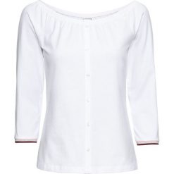 Shirt z dekoltem "carmen" , rękawy 3/4 bonprix biały. Białe koszulki damskie bonprix, bez wzorów, z elastanu, bez kołnierzyka, bez rękawów. Za 34,99 zł.