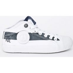 Pepe Jeans - Tenisówki dziecięce. Białe trampki męskie marki Pepe Jeans, bez wzorów, z jeansu, z okrągłym noskiem, na sznurówki. W wyprzedaży za 159,90 zł.