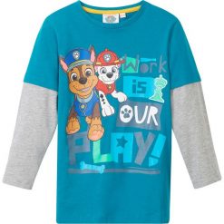 Shirt "Psi patrol" bonprix ciemnoturkusowo-jasnoszary melanż z nadrukiem. Niebieskie t-shirty chłopięce bonprix, z nadrukiem, bez rękawów. Za 44,99 zł.
