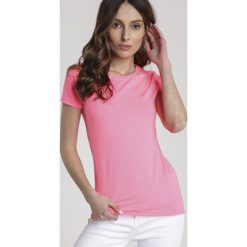 Koralowy T-shirt Iaosine. Pomarańczowe bluzki damskie Renee, s, bez wzorów, z tkaniny, z okrągłym kołnierzem, z krótkim rękawem. Za 39,99 zł.