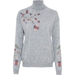 Sweter z golfem i haftem bonprix srebrnoszary melanż. Szare swetry damskie bonprix, z haftami, z długim rękawem. Za 99,99 zł.