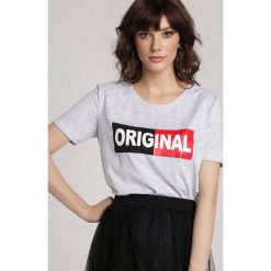 Szary T-shirt Leucedice. Szare bluzki damskie Renee, s, z nadrukiem, z jeansu, z okrągłym kołnierzem, z krótkim rękawem. Za 49,99 zł.
