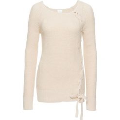 Sweter bonprix kolor kości słoniowej. Brązowe swetry klasyczne damskie bonprix, s, ze sznurowanym dekoltem. Za 99,99 zł.