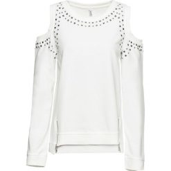 Bluza z wycięciami bonprix biel wełny. Białe bluzy damskie bonprix, bez wzorów, z wełny, bez rękawów, bez kaptura. Za 49,99 zł.