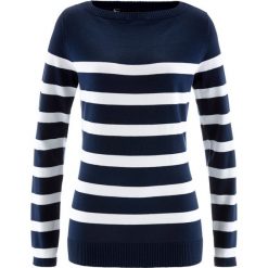 Sweter z dekoltem w łódkę, długi rękaw bonprix ciemnoniebiesko-biały w paski. Niebieskie swetry klasyczne damskie bonprix, z dzianiny, z dekoltem w łódkę. Za 59,99 zł.