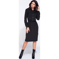 Sukienka koszulowa z gumką w pasie. Sukienki damskie e-margeritka.pl, do pracy, xl, bez wzorów, z bawełny, eleganckie, z wykładanym kołnierzem, z długim rękawem, długie, midi, dopasowane. Za 169,99 zł.
