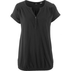 Shirt bawełniany z dekoltem henley, krótki rękaw bonprix czarny. Czarne t-shirty damskie bonprix, bez wzorów, z bawełny, bez kołnierzyka. Za 54,99 zł.