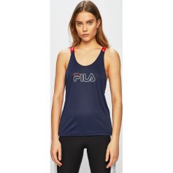 Fila - Top sportowy. Niebieskie topy damskie Fila, s, z nadrukiem, z elastanu, bez rękawów. W wyprzedaży za 89,90 zł.