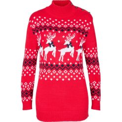 Sweter bożonarodzeniowy z guzikami bonprix truskawkowy. Czerwone swetry damskie bonprix, bez wzorów, bez rękawów, bez kaptura. Za 37,99 zł.