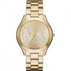 Zegarek kwarcowy "Slim Runway" w kolorze złotym. Żółte, analogowe zegarki damskie Michael Kors, ze stali. W wyprzedaży za 560,95 zł.