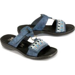 RIEKER 608P6-14 blue, klapki damskie. Niebieskie klapki damskie Rieker, bez wzorów, bez obcasa. Za 209,90 zł.