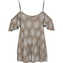 Shirt z wycięciami na ramionach bonprix jasnooliwkowy wzorzysty. Zielone koszulki damskie bonprix, bez wzorów, bez kołnierzyka, bez rękawów. Za 49,99 zł.