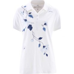 Shirt polo bonprix biało-ciemnoniebieski z nadrukiem. Niebieskie koszulki damskie bonprix, z nadrukiem, klasyczne, polo, bez rękawów. Za 54,99 zł.