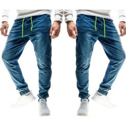 Spodnie męskie joggery niebieskie Recea. Niebieskie spodnie męskie Recea, s, z aplikacjami, z bawełny. Za 79,99 zł.