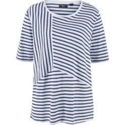 Shirt bawełniany oversize z przędzy mieszankowej, krótki rękaw bonprix indygo-biały w paski. Białe koszulki damskie bonprix, w paski, z bawełny, bez kołnierzyka, z krótkim rękawem. Za 54,99 zł.