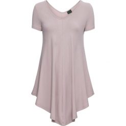 Shirt bonprix dymny różowy. Fioletowe koszulki damskie bonprix, bez wzorów, z dzianiny, z dekoltem w serek, z krótkim rękawem. Za 29,99 zł.