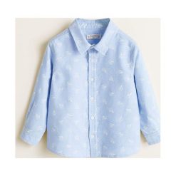 Mango Kids - Koszula dziecięca 80-104 cm. Niebieskie koszule chłopięce Mango Kids, bez wzorów, z bawełny, klasyczne, z klasycznym kołnierzykiem, z długim rękawem, długie. Za 59,90 zł.