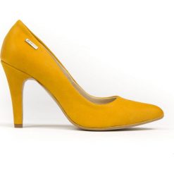 Nubukowe szpilki - skóra naturalna - model 035 - kolor żółty. Żółte czółenka damskie Zapato, na imprezę, z nadrukiem, ze skóry, na wysokim obcasie, na obcasie. W wyprzedaży za 287,10 zł.