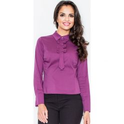 Elegancka Bluzka z Krawatem W Kolorze Bakłażanu. Fioletowe podkoszulki damskie marki Molly.pl, s, z aplikacjami, z bawełny, z długim rękawem. Za 84,90 zł.