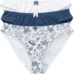 Figi (3 pary) bonprix biały z nadrukiem + ciemnoniebieski + biały. Niebieskie majtki damskie bonprix, z nadrukiem. Za 54,99 zł.