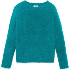 Sweter z dzianiny z długim włosem bonprix kobaltowo-turkusowy. Niebieskie swetry dziewczęce marki bonprix, bez wzorów, z dzianiny, z okrągłym kołnierzem, z długim rękawem, długie, bez kaptura. Za 54,99 zł.