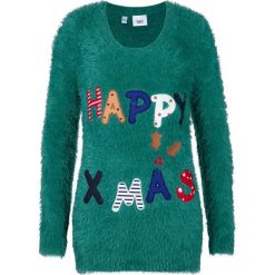 Sweter bożonarodzeniowy z dzianiny z długim włosem bonprix dymny szmaragdowy. Niebieskie swetry damskie bonprix, bez wzorów, z dzianiny, z długim rękawem, długie, bez kaptura. Za 44,99 zł.