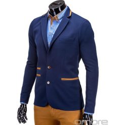 MARYNARKA MĘSKA CASUAL M10 - GRANATOWA. Pomarańczowe marynarki męskie slim fit Ombre Clothing, z jeansu. Za 115,00 zł.