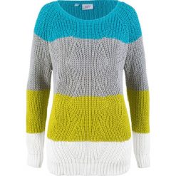 Sweter w paski bonprix pistacjowy - biel wełny - turkusowy - jasnoszary melanż w paski. Zielone swetry damskie marki bonprix, w paski, z wełny, bez rękawów, bez kaptura. Za 59,99 zł.