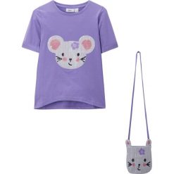 Shirt dziewczęcy + torebka z cekinami (2 części) bonprix jasny lila. Fioletowe bluzki dziewczęce bonprix, z aplikacjami, z bawełny, bez kołnierzyka, bez rękawów, bez kaptura. Za 49,99 zł.