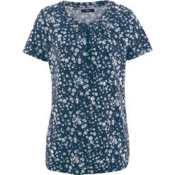 Shirt bawełniany z marszczeniem w dekolcie bonprix ciemnoniebieski w kwiaty. Niebieskie koszulki damskie bonprix, w kwiaty, z bawełny, bez kołnierzyka. Za 37,99 zł.