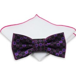 Czarno-Fioletowa Mucha + Biała Poszetka - Chattier, Męska MUCH0192. Czarne muszki męskie Chattier, na imprezę, w paski, eleganckie. Za 44,00 zł.