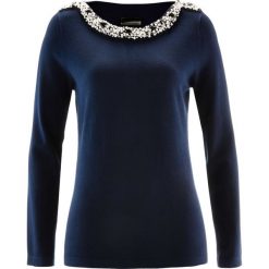 Sweter z aplikacją z perełek bonprix ciemnoniebieski. Niebieskie swetry klasyczne damskie bonprix. Za 129,99 zł.