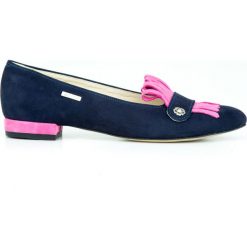 Dwukolorowe balerinki z frędzlami - skóra naturalna - model 046 - kolor granat nubuk+róż. Różowe baleriny damskie Zapato, bez wzorów, z jeansu, klasyczne, bez obcasa, na obcasie. W wyprzedaży za 179,40 zł.