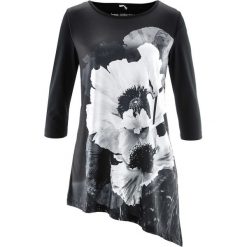 Długi shirt bonprix szaro-czarno-biały. Szare koszulki damskie bonprix, z nadrukiem, z asymetrycznym kołnierzem, z długim rękawem. Za 109,99 zł.